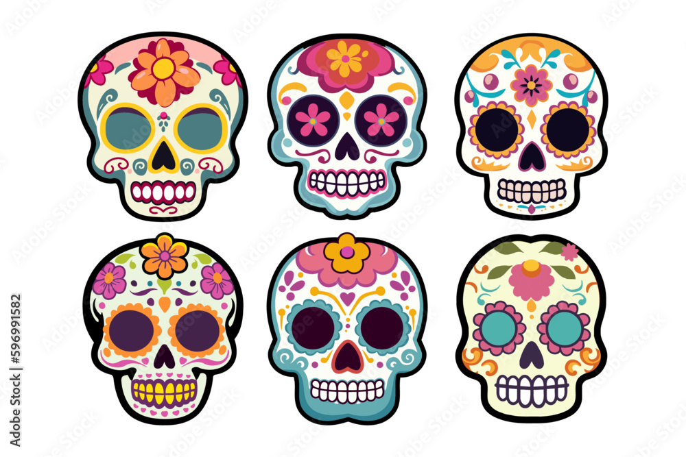 A collection of 6 colorful cartoon sugar skulls, perfect for Day of the Dead celebrations A collection of 6 colorful cartoon sugar skulls, perfect for Day of the Dead celebrations