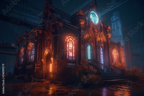 Neon church with a blend of punk and steampunk elements. Generative AI © Euphemia