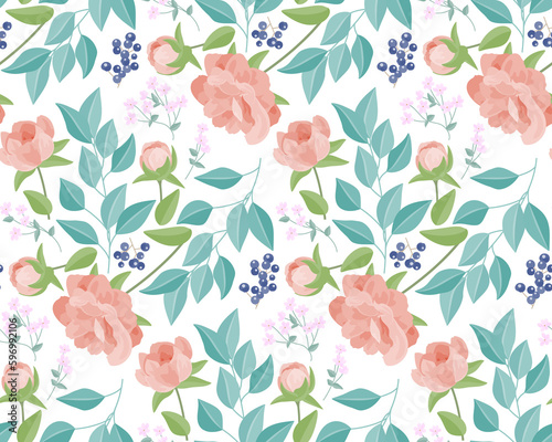 ピンクの花と小花と緑の葉のシームレスパターン
