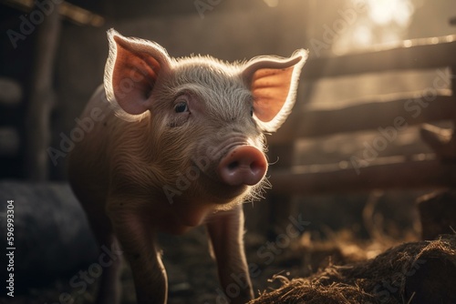 A joyful piglet basks in sunlight on a livestock farm banner showcasing agriculture industry and generation AI. Generative AI © Persephone