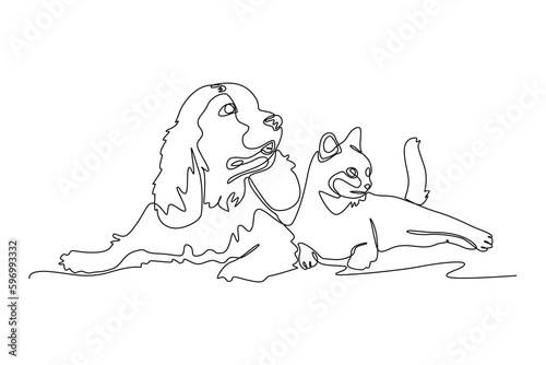 Continuous one line drawing dog and cat. Urban pets concept. Single line draw design vector graphic illustration.