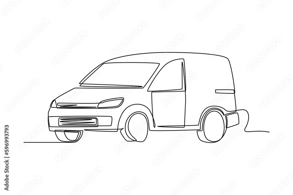Single one line drawing Delivery Van with Box cargo. Car concept. Continuous line draw design graphic vector illustration.