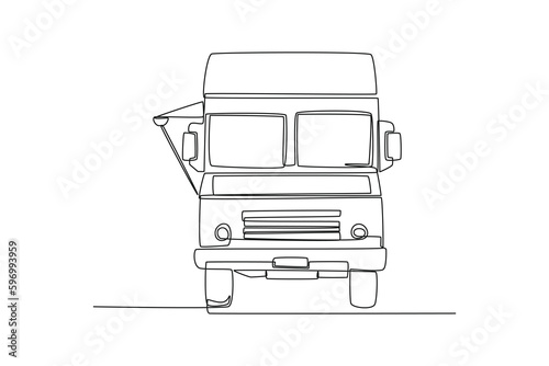 Single one line drawing Food trucks. Restaurant on wheels. Vans for street food selling. Car concept. Continuous line draw design graphic vector illustration.