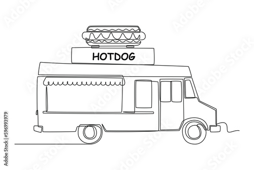 Single one line drawing Food trucks. Restaurant on wheels. Vans for street food selling. Car concept. Continuous line draw design graphic vector illustration.