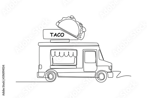 Single one line drawing Food trucks. Restaurant on wheels. Vans for street food selling. Car concept. Continuous line draw design graphic vector illustration.