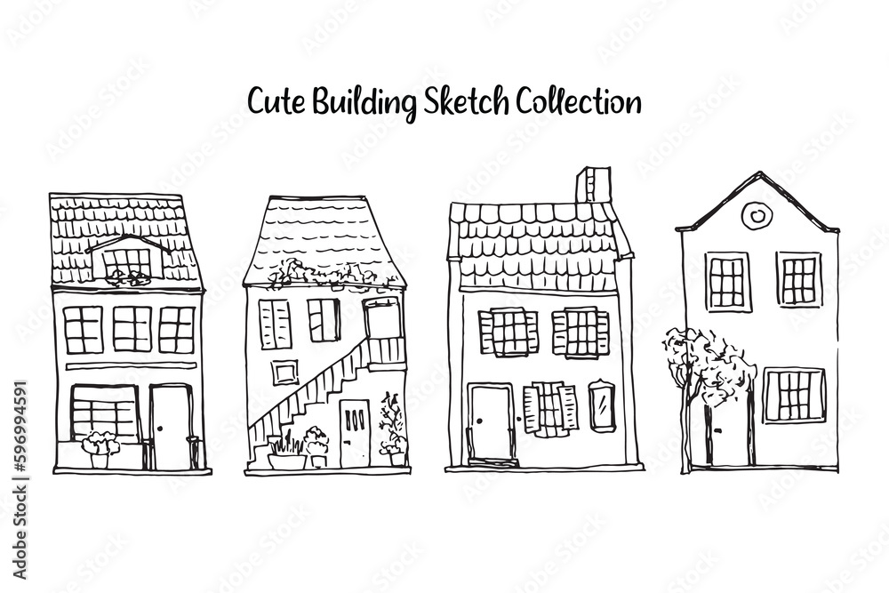 Cute Building Sketch Line Collection