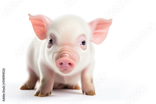 Cute White Pig with a Pink Nose on a Green Pasture. Generative AI