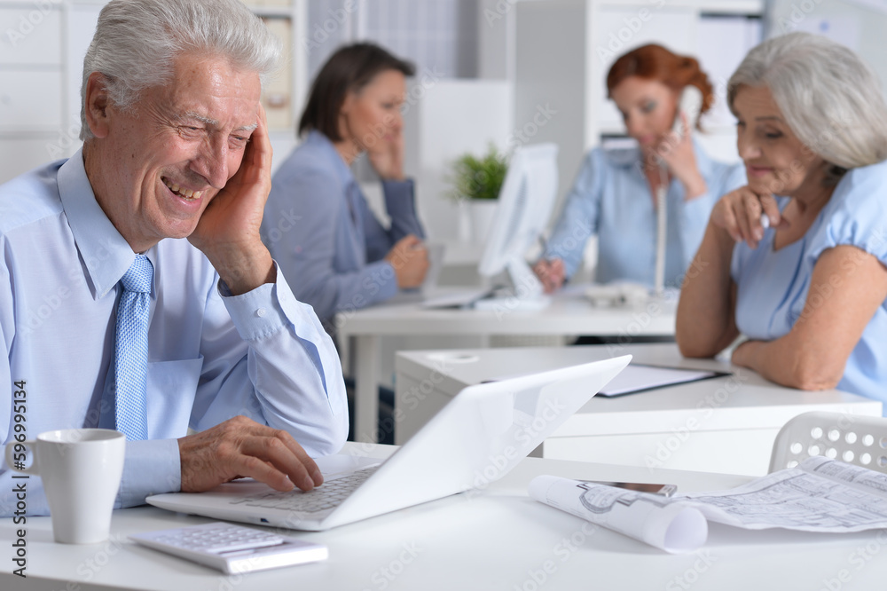 Senior businessman using laptop in light office Senior businessman using laptop in light office
