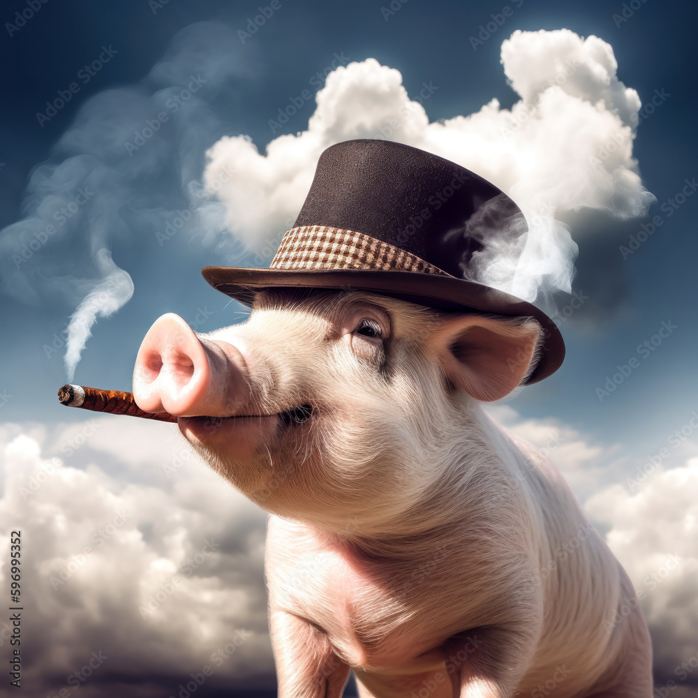 Pig In A Top Hat And Smoking Tobacco On A Background Of White Clouds A 