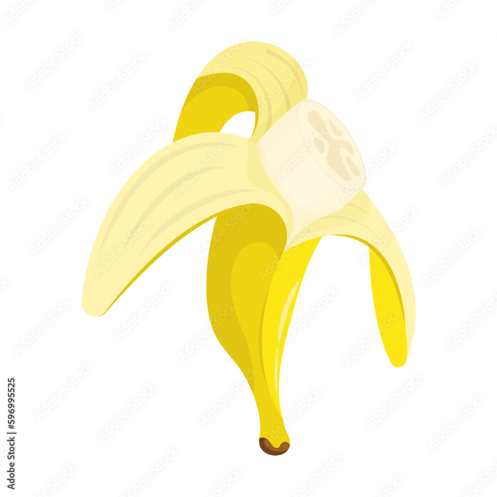 Ripe peeled yellow banana with bitten off part of fruit. Harvesting tropical fruits. Healthy fruit in cartoon style isolated on white background Ripe peeled yellow banana with bitten off part of fruit. Harvesting tropical fruits. Healthy fruit in cartoon style isolated on white background