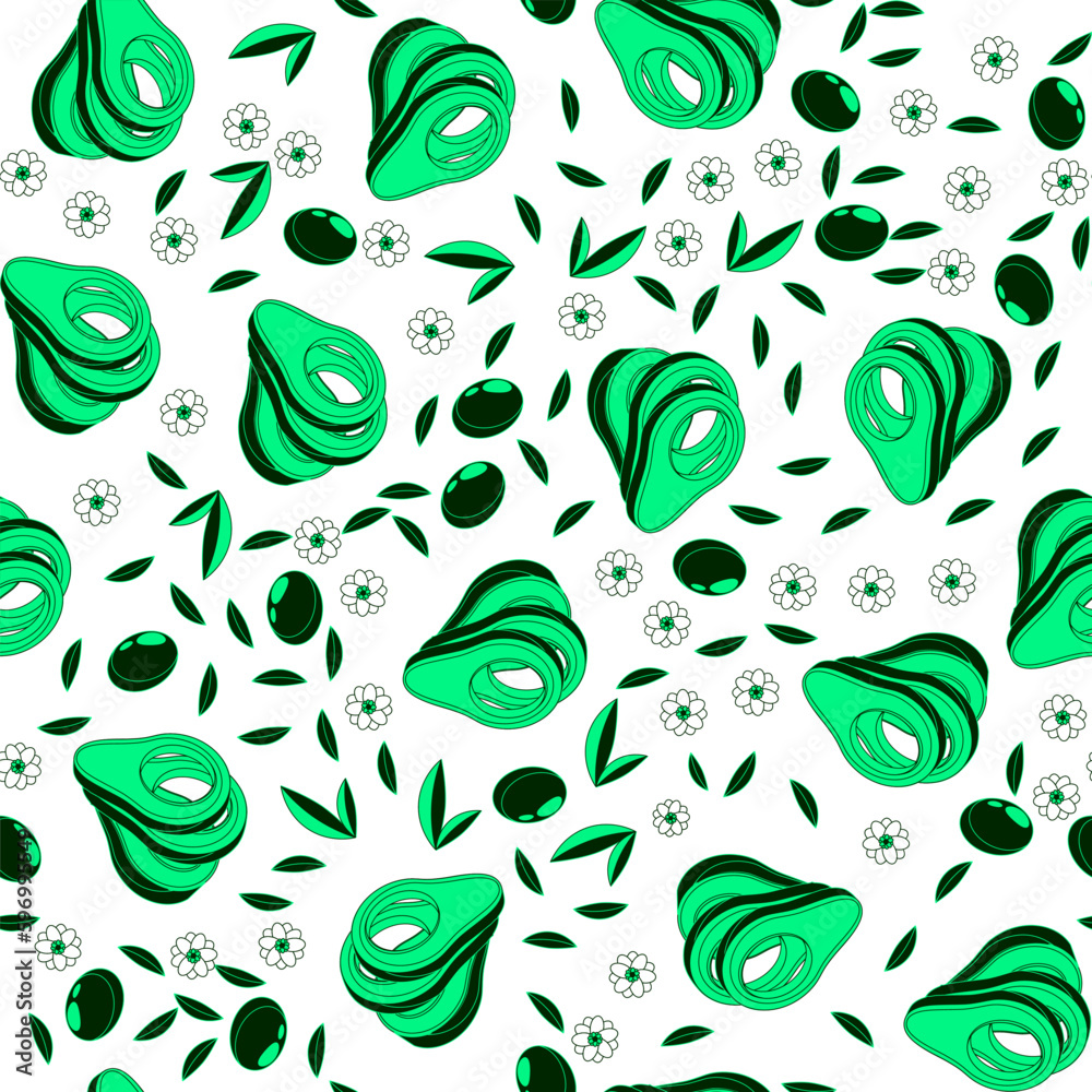 Avocado cutting fruit seamless pattern with leaves and flowers. Avocado wedges and slices, halved and thinly sliced. Vector ornament for design of posters and printing on fabrics