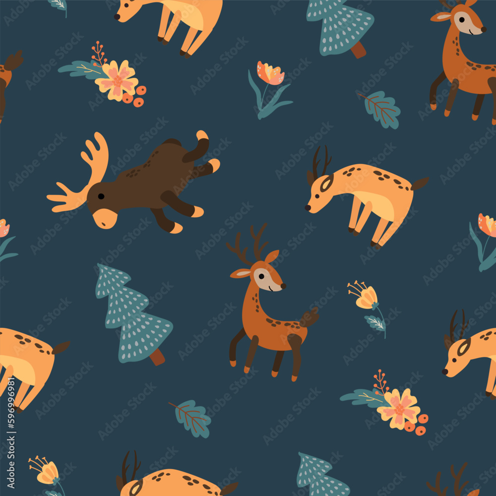 Seamless pattern with forest animals. Elk, deer, roe deer. Design for fabric, textile, wallpaper, packaging. Seamless pattern with forest animals. Elk, deer, roe deer. Design for fabric, textile, wallpaper, packaging.
