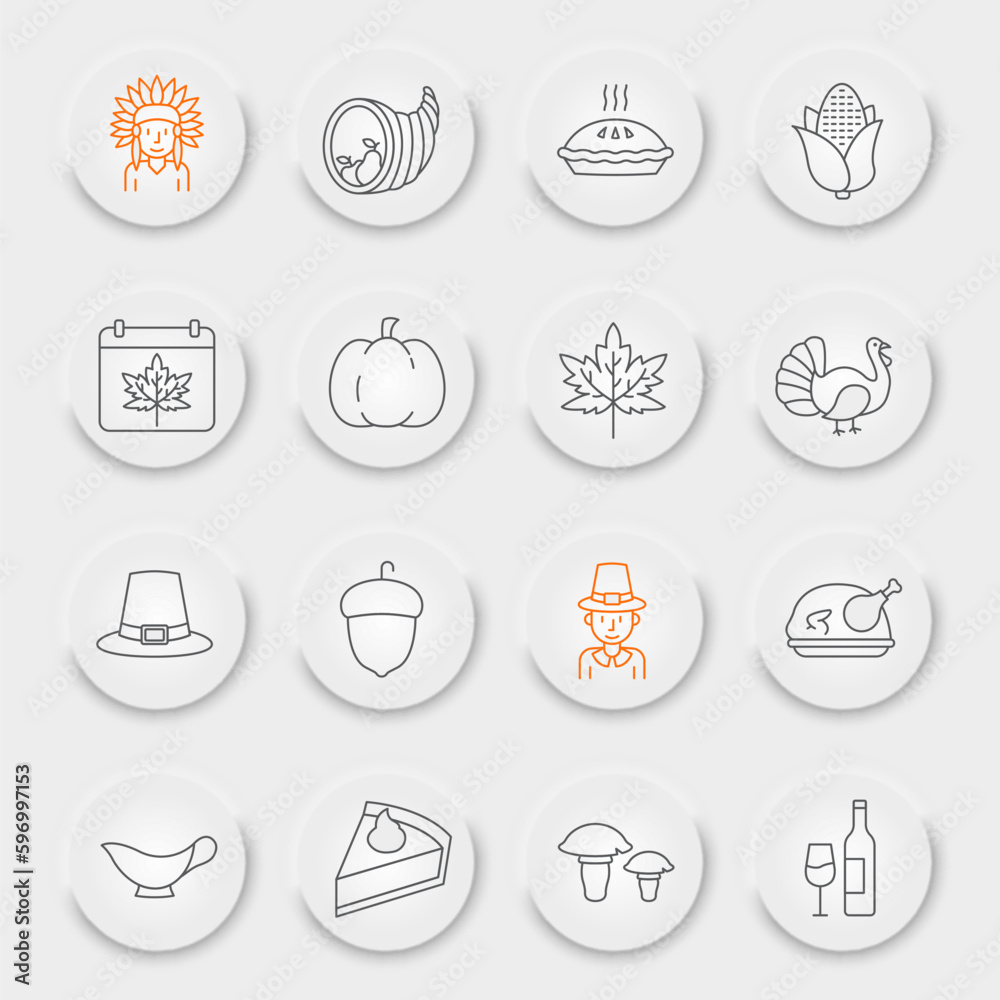 Thanksgiving line icon set, autumn collection, vector graphics, neumorphic UI UX buttons, Thanksgiving day vector icons, holiday signs, outline pictograms, editable stroke Thanksgiving line icon set, autumn collection, vector graphics, neumorphic UI UX buttons, Thanksgiving day vector icons, holiday signs, outline pictograms, editable stroke