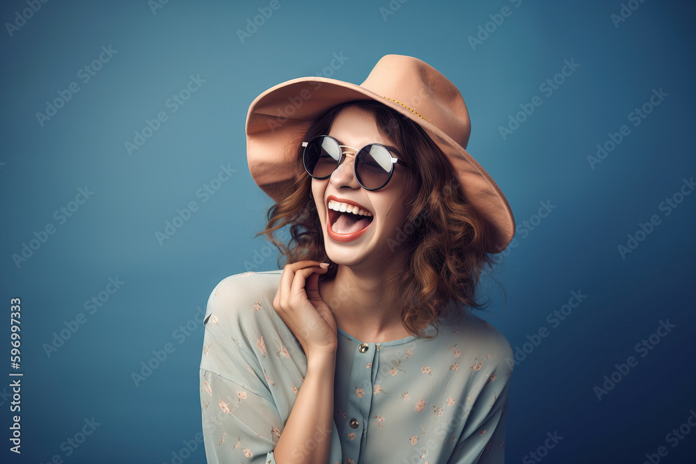 Happy emotions concept. Positive beautiful young woman laughs poisitively looks aside with carefree face expression wears casual style isolated over studio background. Generative AI