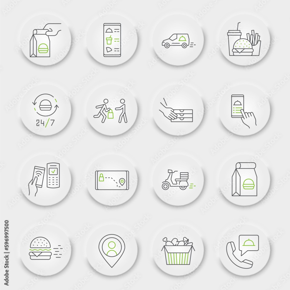 Food delivery line icon set, fast food symbols collection, vector sketches, neumorphic UI UX buttons, food delivery service icons, fast delivery signs linear pictograms Food delivery line icon set, fast food symbols collection, vector sketches, neumorphic UI UX buttons, food delivery service icons, fast delivery signs linear pictograms