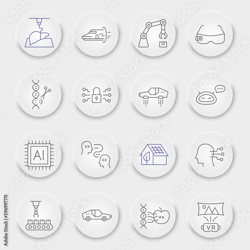 Future technology line icon set, innovation symbols collection, vector sketches, neumorphic UI UX buttons, technologies icons, robotization signs linear pictograms