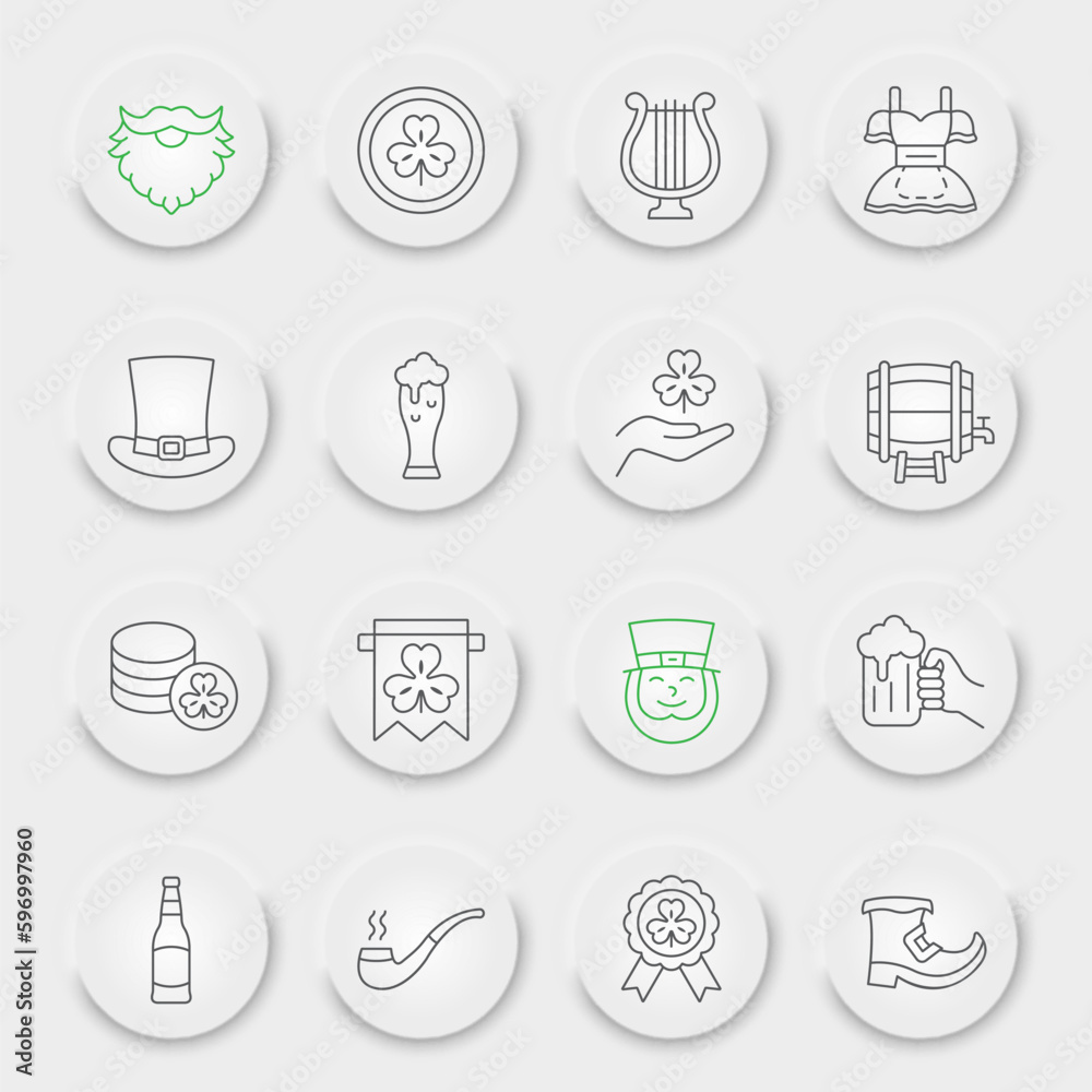 St. Patrick s Day line icon set, holiday symbols collection, vector sketches, neumorphic UI UX buttons, saint patrick icons, business signs linear pictograms