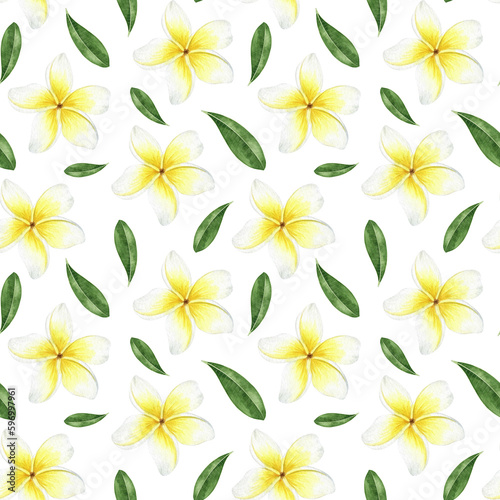 Yellow plumeria flowers. Tropical exotic flowers. Watercolor seamless pattern on a white background. For fabric  wallpaper  scrapbooking  packaging paper