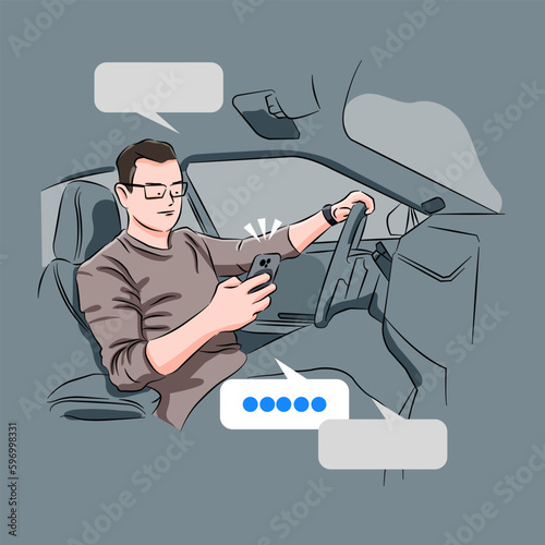 Man using cell phone texting while driving. Risky, reckless driver concept, Smart phone accident distract driving car.