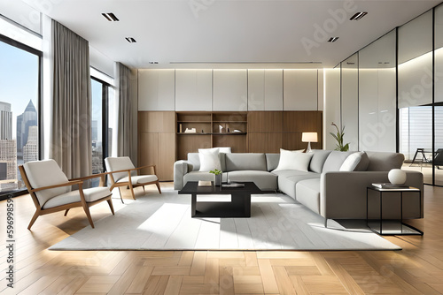 Interior design of a living room with a minimalist design  featuring simple furniture  clean lines  and a monochromatic color scheme   Generative AI