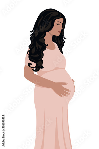 Pregnant young woman in a smoky pink dress. Happy mother-to-be on white background.