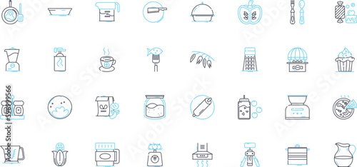 Domestic cooking linear icons set. Recipe, Stove, Oven, Cookware, Spices, Pantry, Utensils line vector and concept signs. Ingredients,Meal,Baking outline illustrations Generative AI