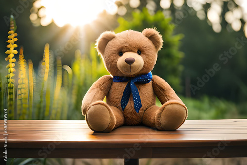 teddy bear sitting on a wooden bench