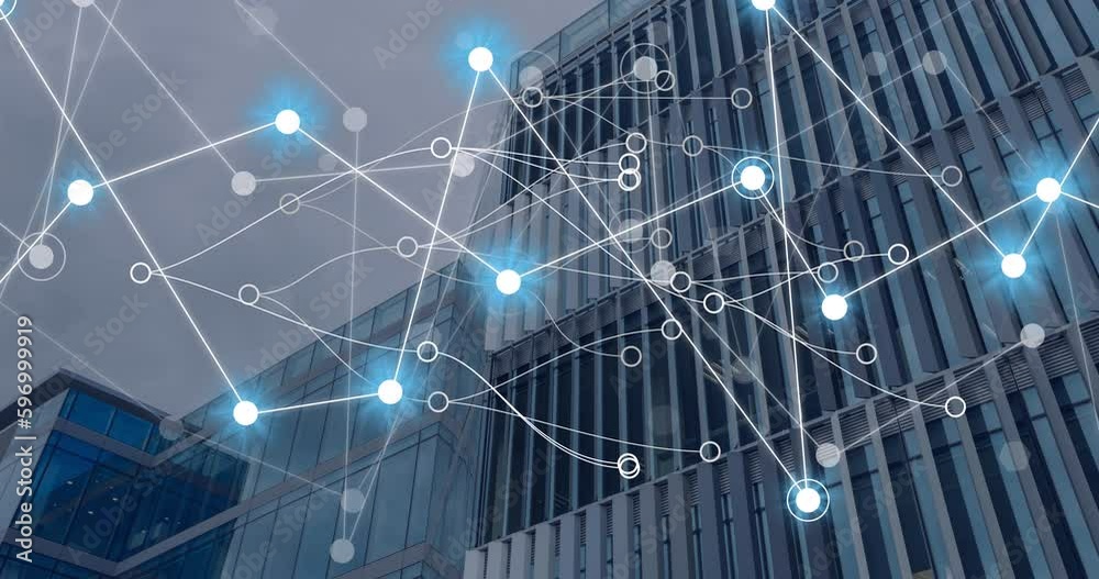Animation of data processing over modern building Animation of data processing over modern building
