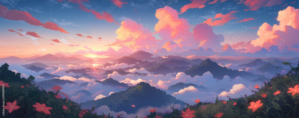 Beautiful idyllic early morning sunrise over vast foggy mountain range stretching to the horizon with pristine natural beauty and pretty wildflowers blooming, panoramic view - generative ai