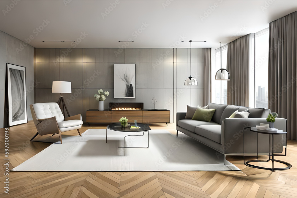 Interior design of a living room with a minimalist design, featuring simple furniture, clean lines, and a monochromatic color scheme | Generative AI Interior design of a living room with a minimalist design, featuring simple furniture, clean lines, and a monochromatic color scheme | Generative AI