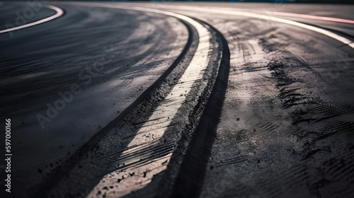 Fotografiet Abstract texture surface and background of car tire drift skid mark on road race track, Black tire mark on street race track, Automobile and automotive concept
