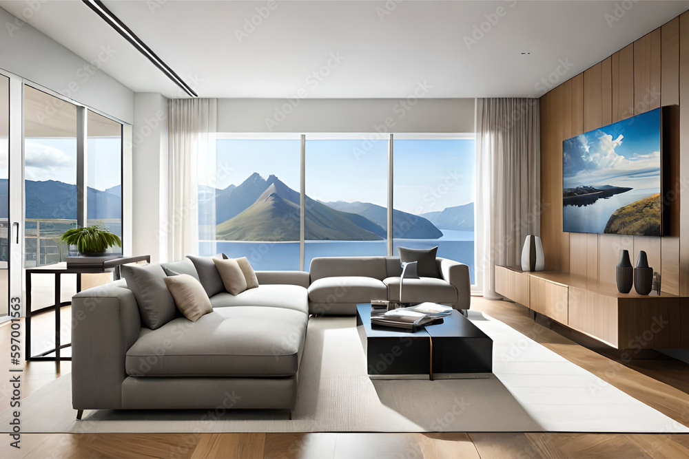 Interior design of a living room with a minimalist design, featuring simple furniture, clean lines, and a monochromatic color scheme | Generative AI Interior design of a living room with a minimalist design, featuring simple furniture, clean lines, and a monochromatic color scheme | Generative AI
