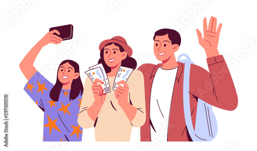 Family on trip taking selfies or making video call