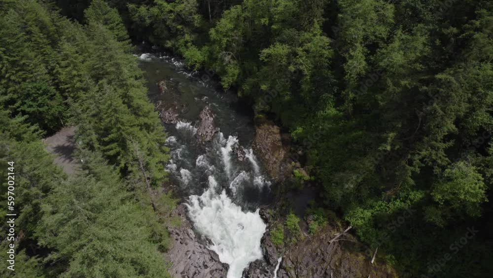 Aerial drone view of river rushing through a green forest in Southwest Washington State Aerial drone view of river rushing through a green forest in Southwest Washington State