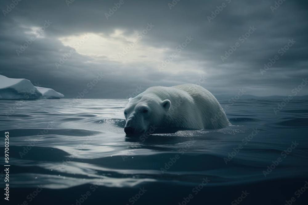 Naklejka premium Oso polar sufriendo por el cambio climático en un océano al que se le ha derretido casi todo el hielo. Imagen generada con inteligencia artificial, AI generative
