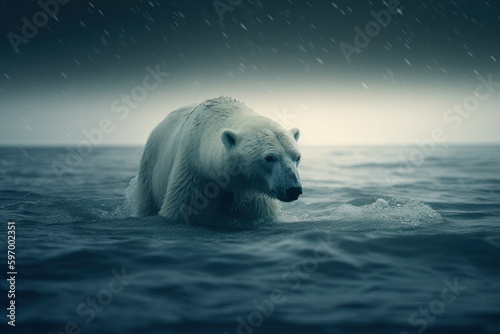 Oso polar sufriendo por el cambio climático en un océano al que se le ha derretido casi todo el hielo. Imagen generada con inteligencia artificial, AI generative