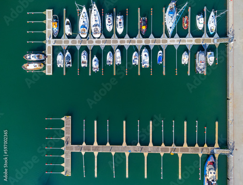 Obraz na płótnie Aerial view landscape port marina Poland Gdynia. Boats, sailboats and yachts parked, seen from above. w salonie