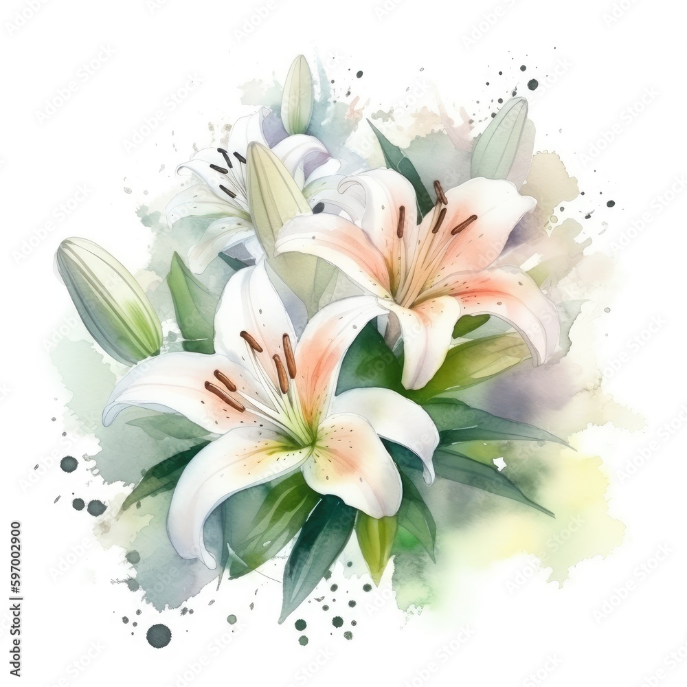 flower lily with green leaves, art illustration painted with watercolors isolated on white background, generative ai