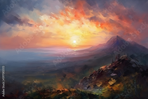 Oil painting of sunset in the top of the mountain, impressionism.  Generative AI.  © Cheng