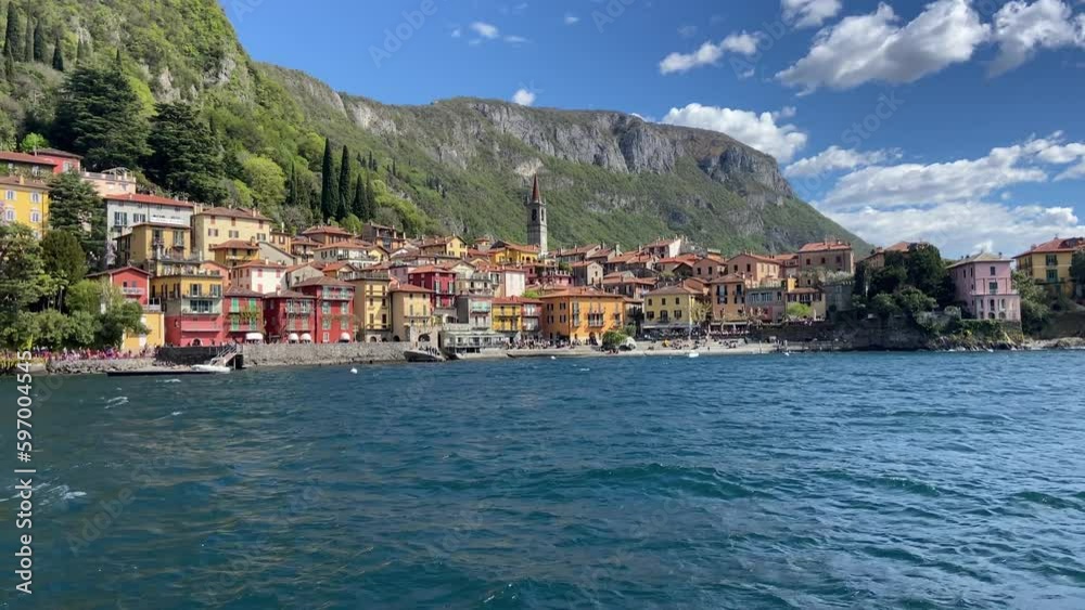 Epic view from boat of picturesque and colorful Italian village of Varenna, Como lake Epic view from boat of picturesque and colorful Italian village of Varenna, Como lake