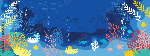 Horizontal blue background. Underwater marine life of a coral reef. World oceans day