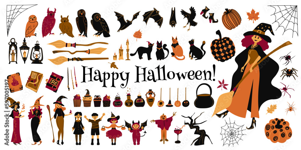 Halloween element set witch, ghost, spooky castle, mummy, skeleton, funny pumpkins. Perfect for scrapbooking, greeting card, party invitation, poster, tag, sticker kit. Hand drawn vector illustration.