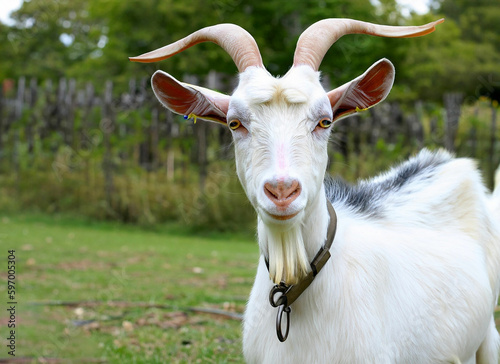 A goat with horns and a collar sits on a green grass field ai generated