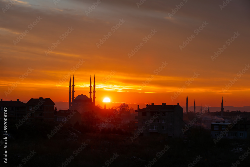 Selimiye Mosque and a unique sunset, Edirne, Turkey