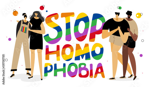 The LGBTQ group, woman and man and rainbow lettering STOP HOMOPHOBIA .They celebrations international PRIDE DAY, LGBT parade. The Illustration good for poster or UI UX design.
