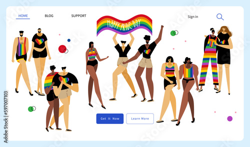 The LGBTQ group, woman and man in rainbow clothes with flag celebrations international PRIDE DAY, LGBT parade. The Illustration good for website landing page or UI UX design.