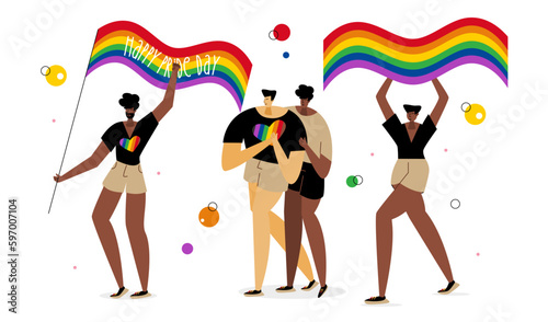 The LGBTQ man  with rainbow flag, celebrations international PRIDE DAY, LGBT parade. Stop homophobia. The Illustration good for poster or UI UX design or stories.
