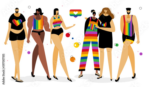 The LGBTQ group, woman and man rainbow clothes, celebrations international PRIDE DAY, LGBT parade. Stop homophobia. The Illustration good for poster or UI UX design or stories.