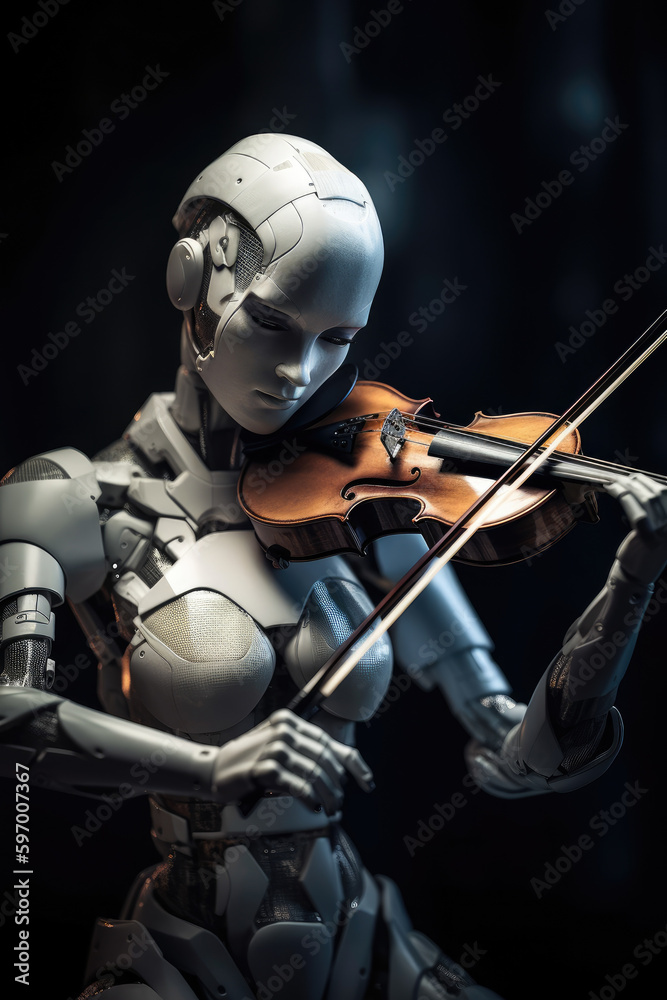 Naklejka premium Robot playing violin. Ai with a musical instrument. Futuristic concept technology generative ai.
