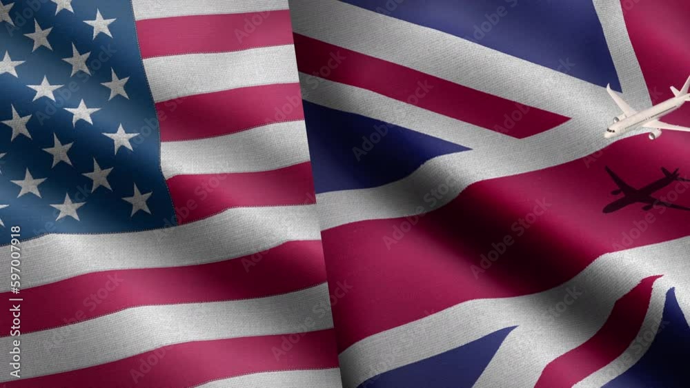 Airplane flight path from Britain to USA and return flight. Connection link between London and New York City. Business travel flight.